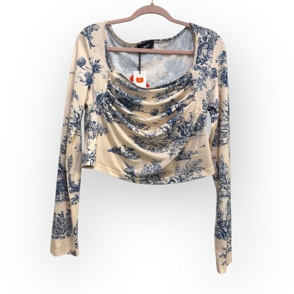 Cider Blue Toile Print Long Sleeve Crop Top – Size XL - NWT - Picture 2 of 6